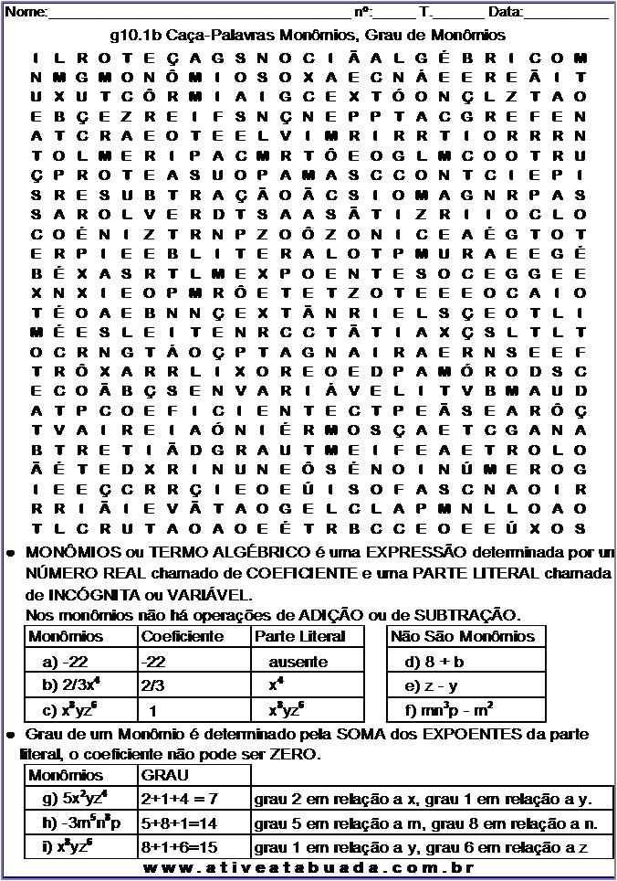 Atividade g10.1b Caça-Palavras Monômios, Grau de Monômios