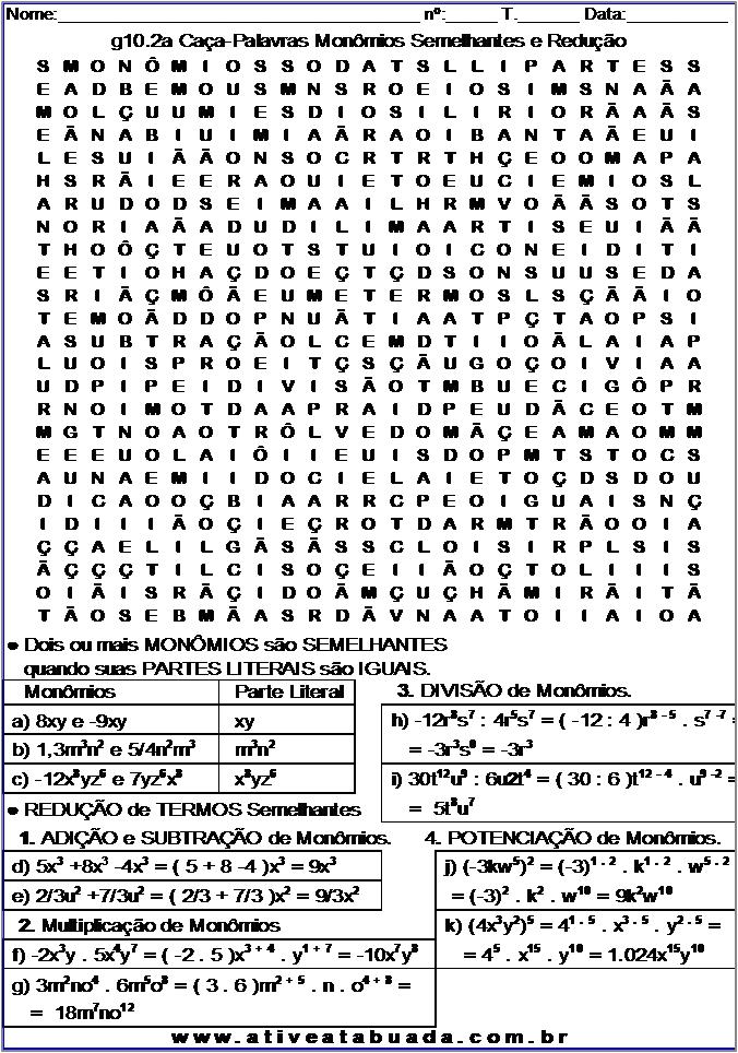 Atividade g10.2a Caça-Palavras Monômios Semelhantes e Redução