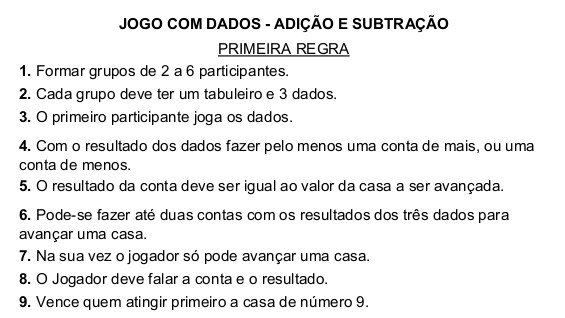 Imagem da Primeira Rega Jogo de tabuleiro com Dados, operações de adição e subtração