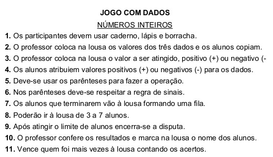 Imagem da Quinta Regra do Jogo de tabuleiro com Dados, números inteiros para alunos do sétimo ano