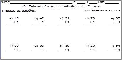 d01 Tabuada Armada da Adição do 1 - Dezena