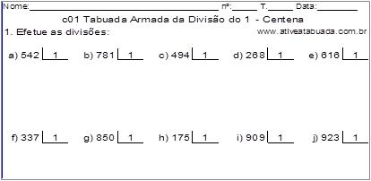 c01 Tabuada Armada da Divisão do 1 - Centena