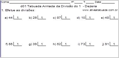 d01 Tabuada Armada da Divisão do 1 - Dezena