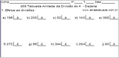 d08 Tabuada Armada da Divisão do 4 - Dezena