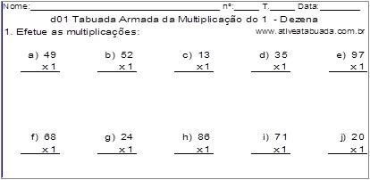 d01 Tabuada Armada da Multiplicação do 1 - Dezena