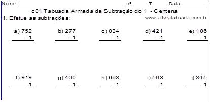 c01 Tabuada Armada da Subtração do 1 - Centena