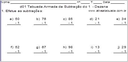 d01 Tabuada Armada da Subtração do 1 - Dezena