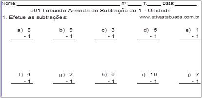 u01 Tabuada Armada da Subtração do 1 - Unidade