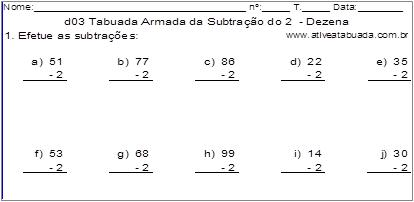 d03 Tabuada Armada da Subtração do 2 - Dezena