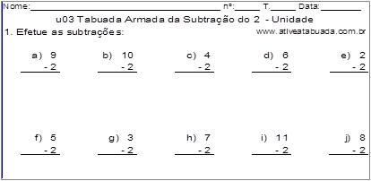 u03 Tabuada Armada da Subtração do 2 - Unidade