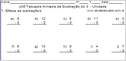 u06 Tabuada Armada da Subtração do 3 - Unidade