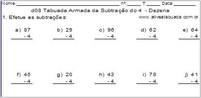 d08 Tabuada Armada da Subtração do 4 - Dezena