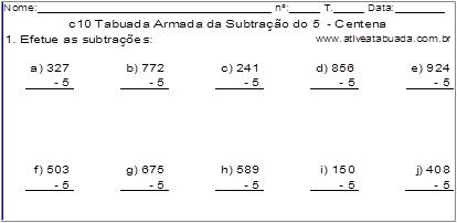 c10 Tabuada Armada da Subtração do 5 - Centena