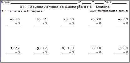 d11 Tabuada Armada da Subtração do 6 - Dezena